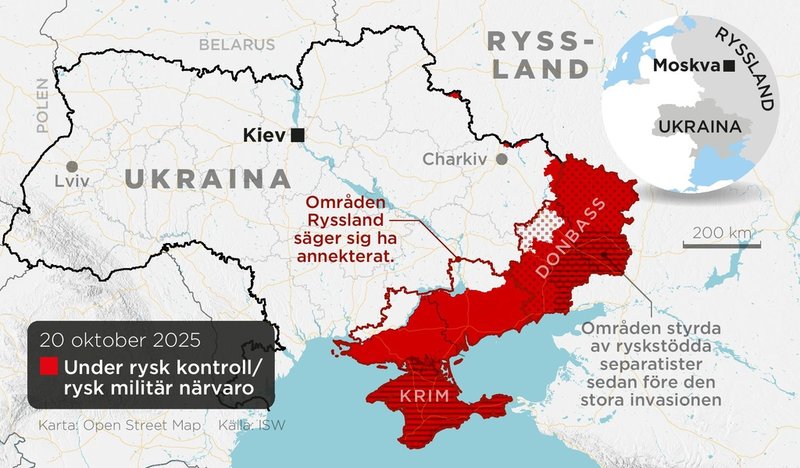 Områden i Ukraina under rysk kontroll eller med rysk militär närvaro den 20 oktober 2025.