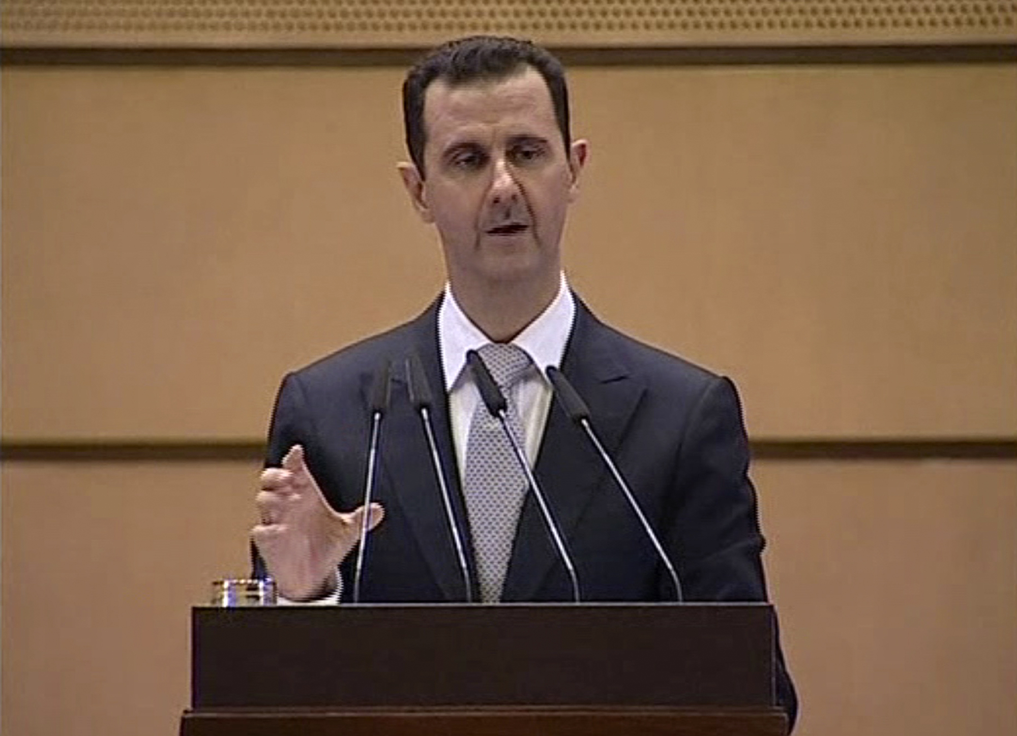 Den 10 januari 2012 höll Assad ett tal där han anklagade upproren för att vara andra länders påhitt och hävdade att "segern var nära" Den 10 januari 2012 höll Assad ett tal där han anklagade upproren för att vara andra länders påhitt och hävdade att "segern var nära"
