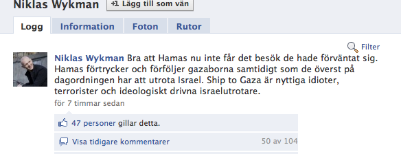 Niklas Wykmans omtalade Facebook-status.