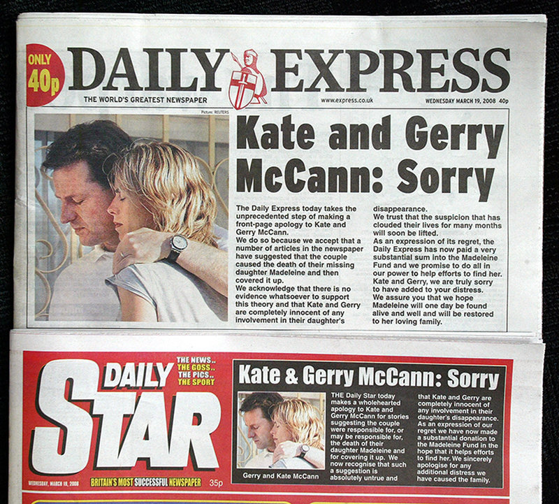 Daily Star och Daily Express fick be om ursäkt till familjen McCann. Daily Star och Daily Express fick be om ursäkt till familjen McCann.