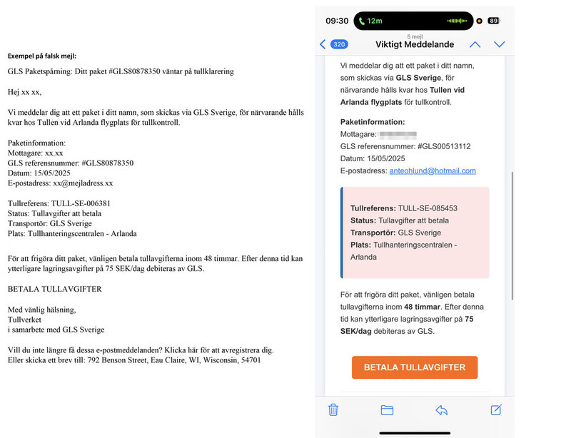 Skärmdumpar på bedrägeriförsök om att tullavgifter ska betalas.