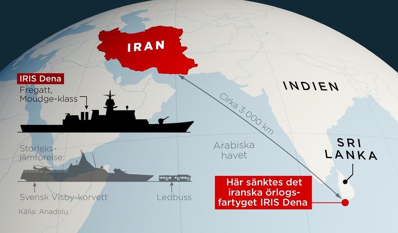 Det iranska örlogsfartyget IRIS Dena har sänkts söder om Sri Lanka, cirka 3 000 km från Iran.