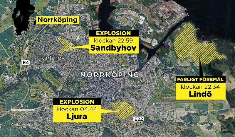 Under söndagen larmades polisen i Norrköping om två sprängningar och ett farligt föremål.