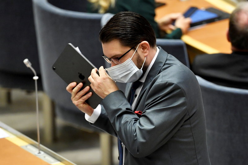 Sverigedemokraternas partiledare Jimmie Åkesson (SD) under dagens partiledardebatt i riksdagen.