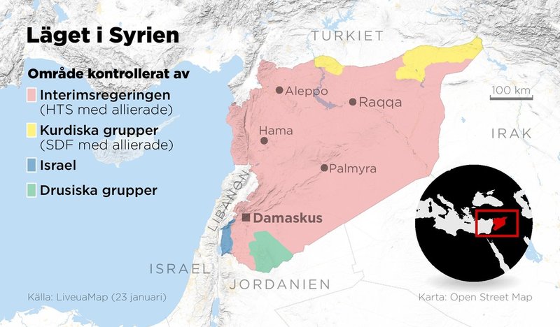 Kartan visar hur stora områden i Syrien olika grupper kontrollerar. Israel kontrollerar ett område i de sedan länge ockuperade Golanhöjderna. Druser tog under 2025 till vapen mot regeringen i as-Suwayda i syd.