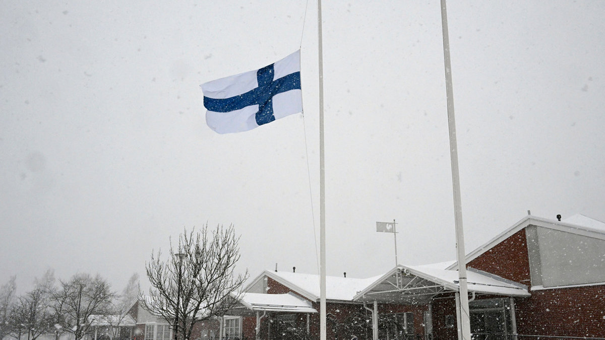 Finlands flagga på halv stång vid Viertola skola i Bäckby (Viertola), ett område i Vanda i utkanten av Helsingfors. Bilden togs dagen efter skolskjutningen.