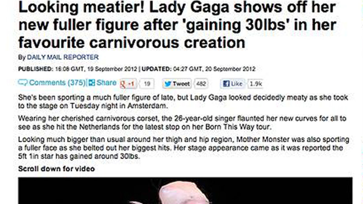När Lady Gaga uppträdde i september 2012 uppmärksammade flera tidningar hennes nya vikt. 