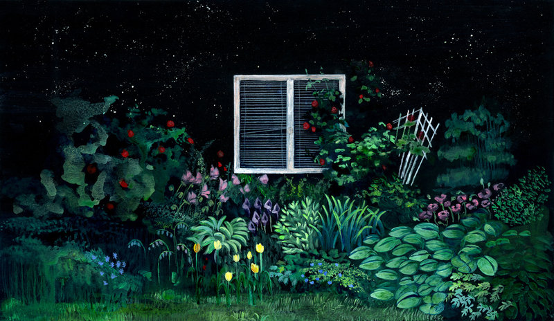 Trädgården utanför mormor Ruts mörklagda sovrum i Hannah Arnesons kommande kortfilm "Arv".