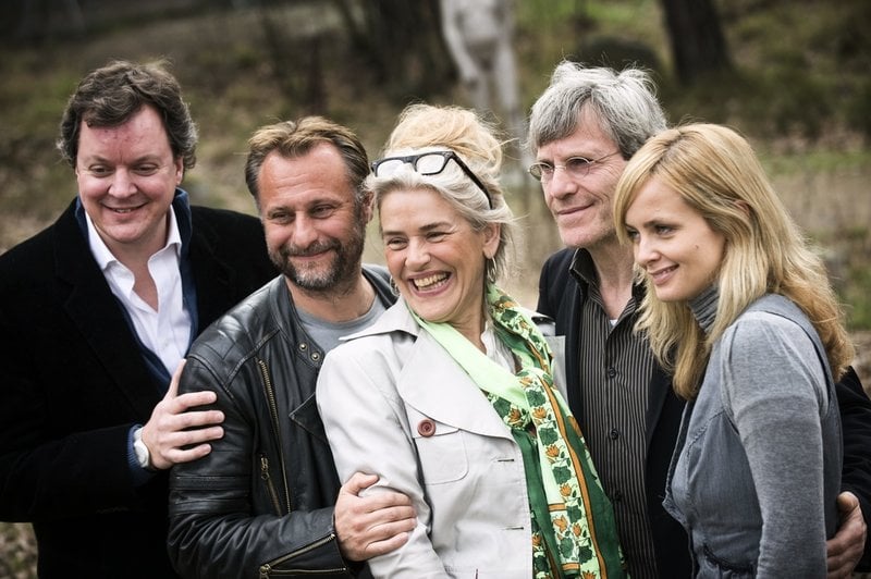 Johan Brisinger, Michael Nyqvist, Ewa Fröling, Tchéky Karyo och Izabella Scorupco vid en pressträff om filmen "Änglavakt".