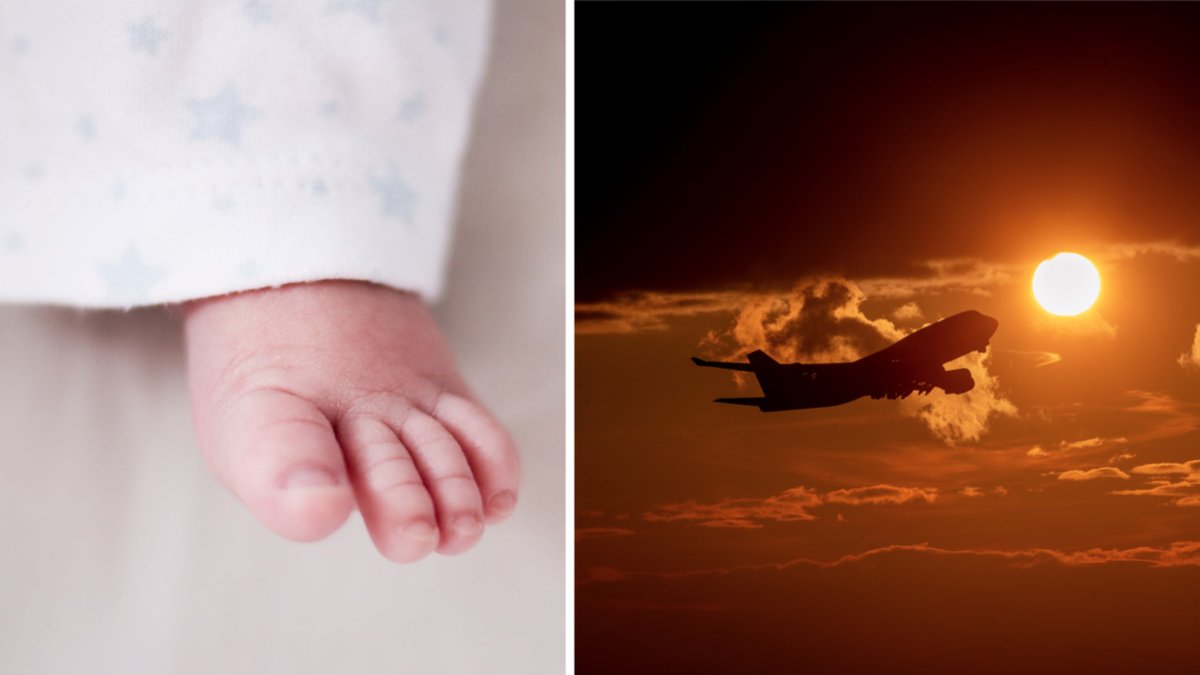 En bebisfot och en genrebild på ett flygplan.
