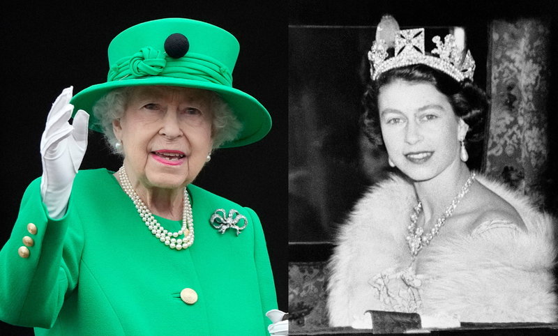 Nu och då. Till vänster vinkar drottning Elizabeth åt publiken under sitt 70 år på tronen-jubileum i juni. Till höger syns hon under sitt första tal till parlamentet 1952. Bilden är ett montage.