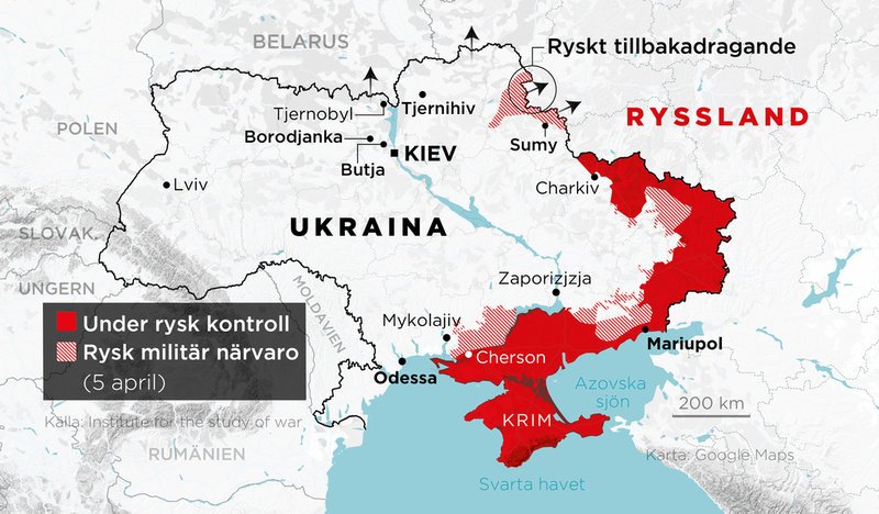 Områden som nu är under rysk kontroll, samt områden med rysk militär närvaro, 24 februari–5 april. Ukraina har återtagit kontrollen över Kievregionen.