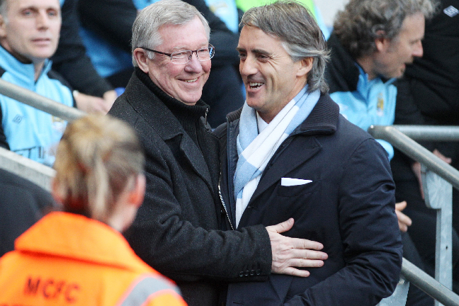 De var vänner inför matchen. Men Sir Alex Ferguson och Roberto Mancini rök ihop i den andra halvleken.