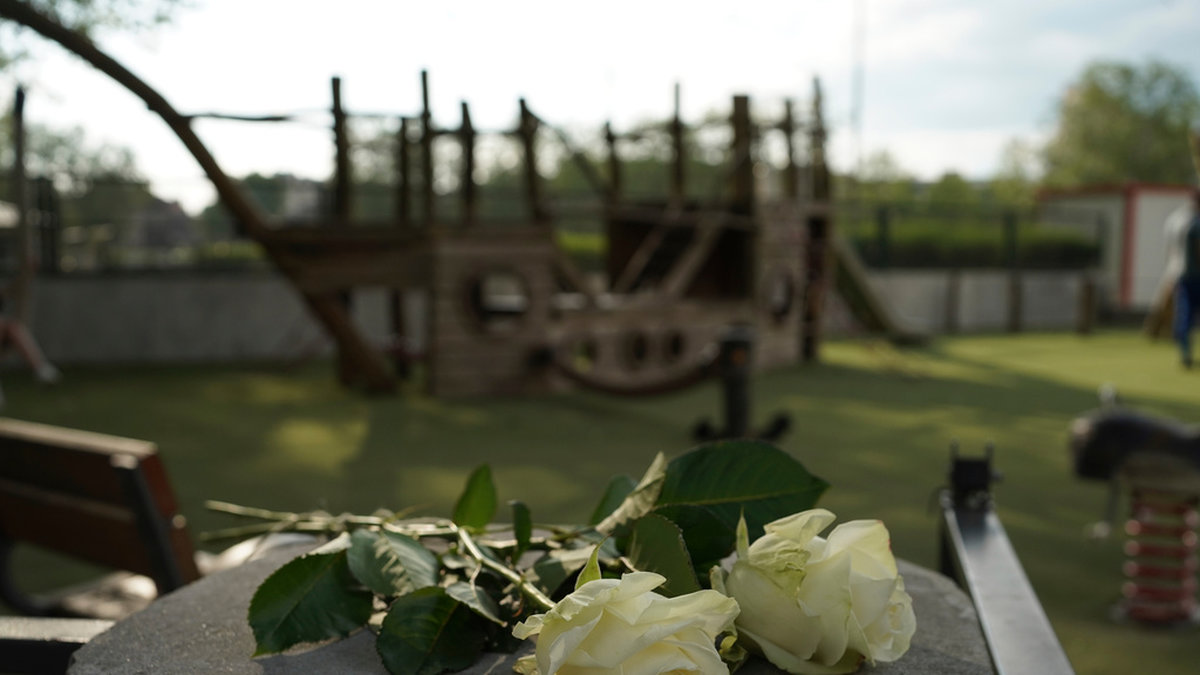 Vita rosor vid den lekplats i parken Les jardins de l’Europe i Annecy där dådet ägde rum.