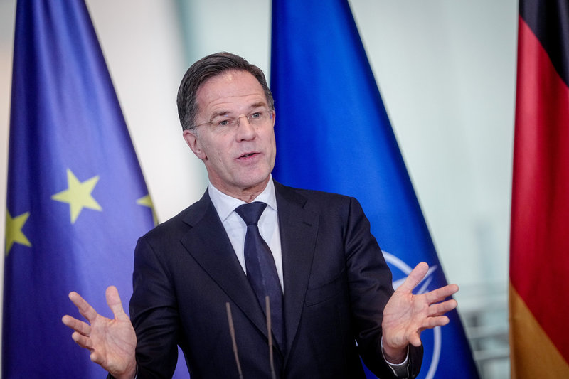 Natos generalsekreterare Mark Rutte vid torsdagens presskonferens i Berlin.