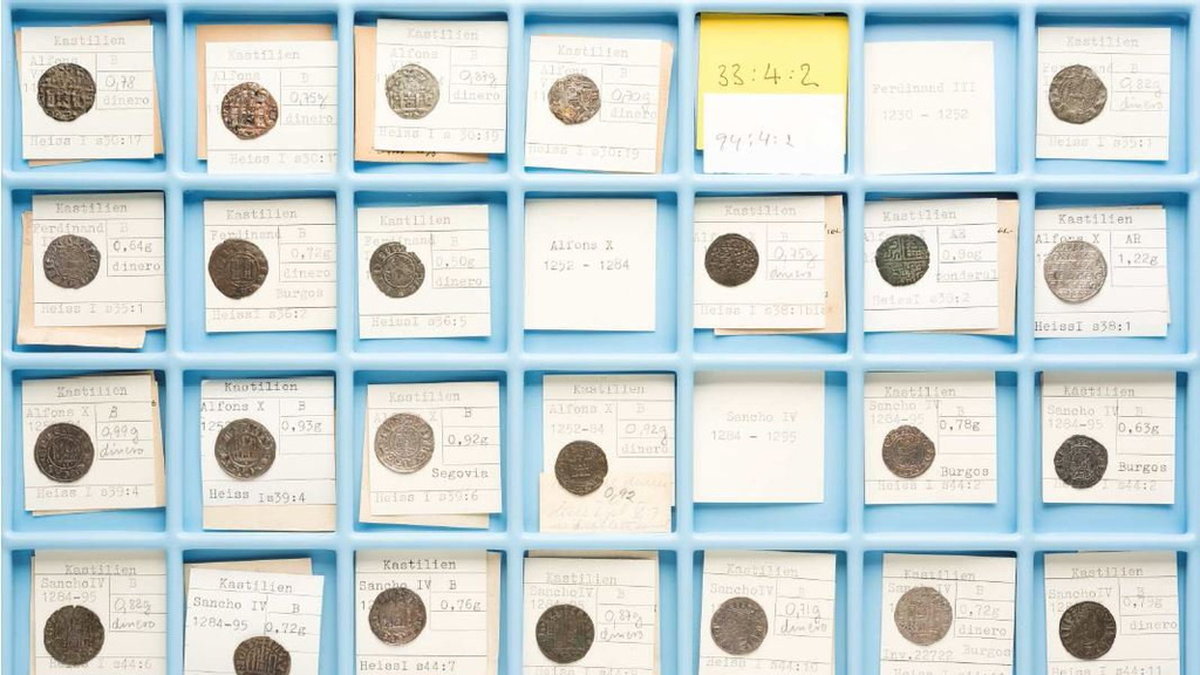 Mynten på kabinettet sorteras efter geografiskt präglingsområde, kronologisk präglingstid och myntherrar. Bild från polisens utredning mot 48-åringen.