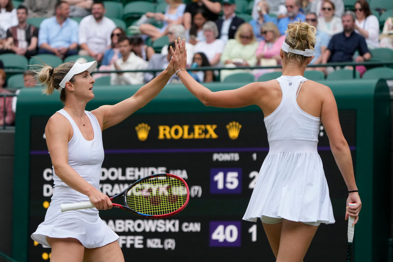 Gabriela Dabrowski och Erin Routliffe i Wimbedledon 2024.