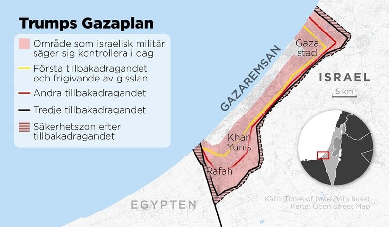 Den första fasen innebär bland annat att Israels militär retirerar till den gula linjen. Om den går bra väntar ytterligare reträtter senare, enligt denna skiss från Vita huset.