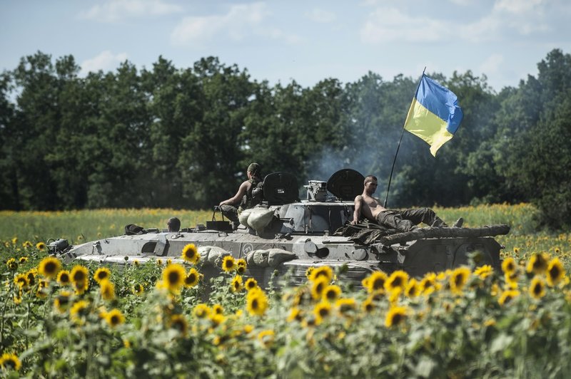 Ukrainska soldater i ett solrosfält i östra Ukraina 2014, året då Ryssland annekterade Krim. Arkivbild.