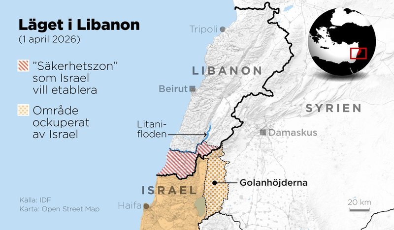 Kartan visar ett område i södra Libanon som Israel vill etablera långvarig militär kontroll över.