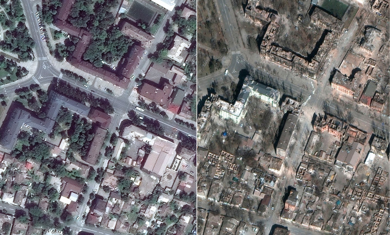 Före och efter. Satellitbilden till vänster visar Mariupol i juni 2021. Den till höger är tagen i tisdags och visar samma del av staden.