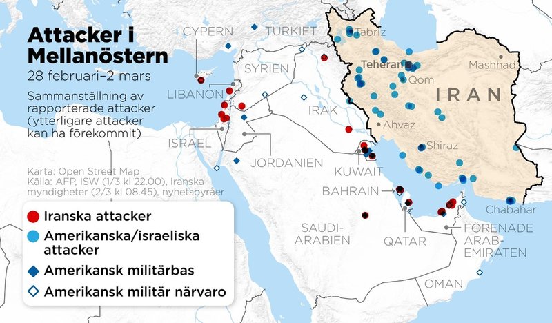 Sammanställning av rapporterade attacker i Mellanöstern 28 februari–2 mars (ytterligare attacker kan ha förekommit).