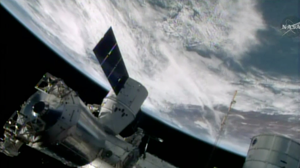 Rymdkapseln SpaceX Dragon dockar med Internationella rymdstationen.