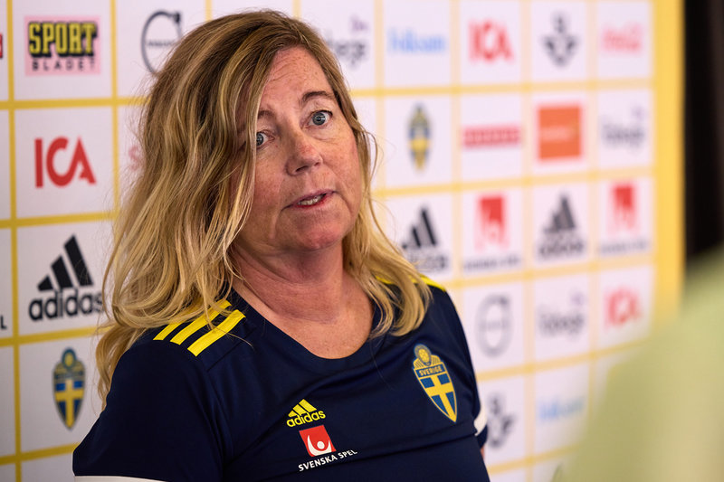 Sveriges landslagschef Marika Domanski Lyfors under söndagens pressträff i Båstad.