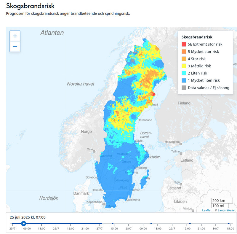Skogsbrandrisken i Sverige på fredagsmorgonen den 25 juni. 