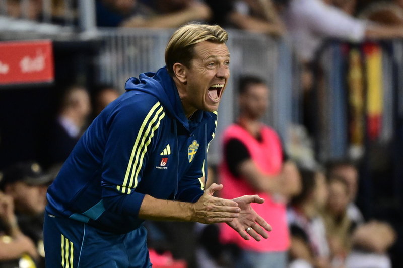 Sveriges förbundskapten Tony Gustafsson under fredagens semifinal i Nations League mellan Spanien och Sverige på La Rosaleda-stadion i Málaga.