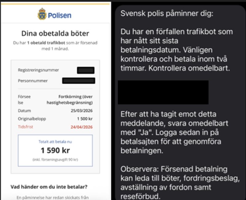 Exempel på ett bedrägeriförsök. Skärmavbild: Polisen