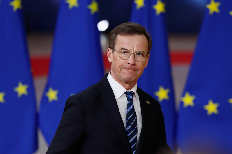 Statsminister Ulf Kristersson anländer till EU-toppmötet i Bryssel.