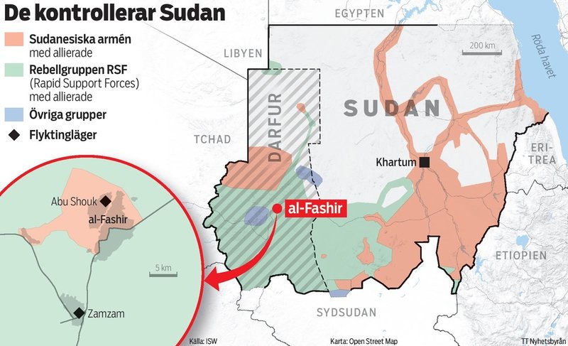 Kartan visar vilka delar av Sudan som är under den sudanesiska arméns kontroll och vilka delar som kontolleras av rebellgruppen RSF.