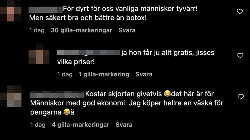 Reaktioner på Pernilla Wahlgrens inlägg om skönhetsbehandlingen. Reaktioner på Pernilla Wahlgrens inlägg om skönhetsbehandlingen.