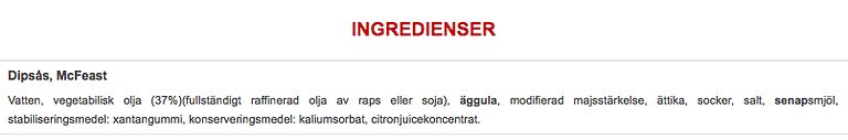 Ingredienser i McDonald's McFeast-sås Ingredienser i McDonald's McFeast-sås