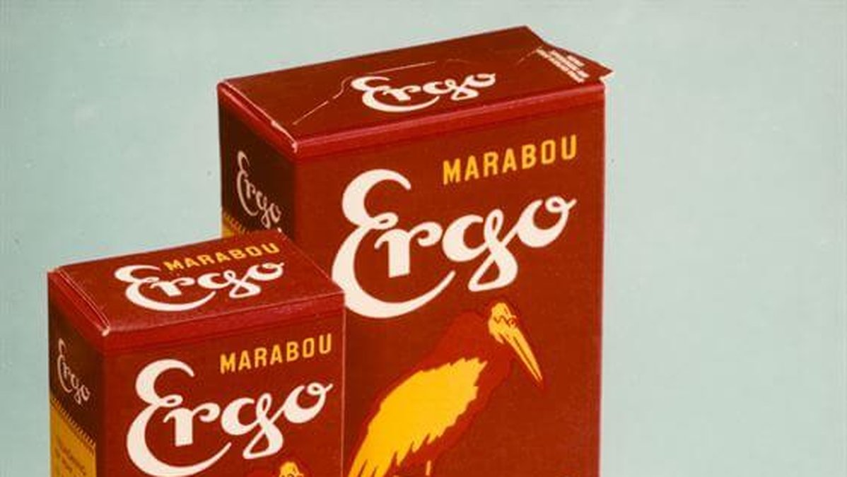 Marabou ergo cakao 1959. Kakaopulvret var en av de första produkterna som Marabou tillverkade på fabriken i Sundbyberg.