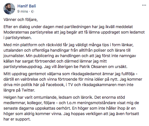 Hanif Bali berättar att han lämnar Moderaternas partistyrelse. Hanif Bali berättar att han lämnar Moderaternas partistyrelse.