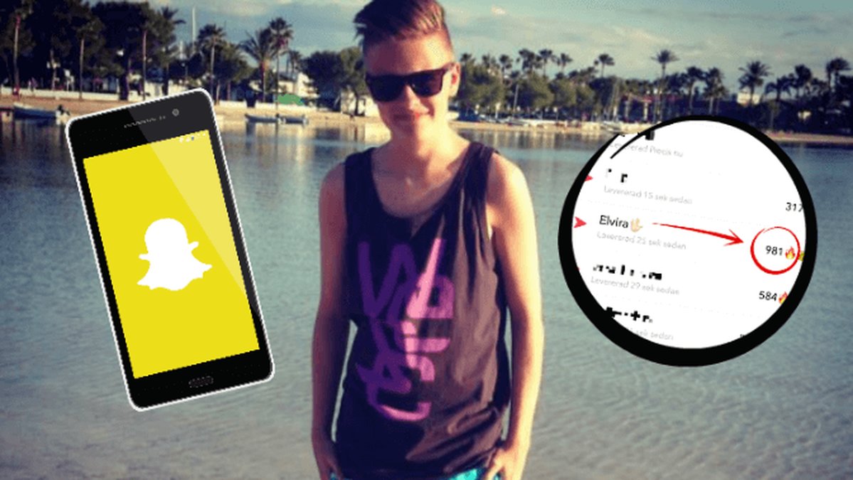 Oskar Johansson på strand med Snapchat-logga och skärmdump inklippt i bilden.