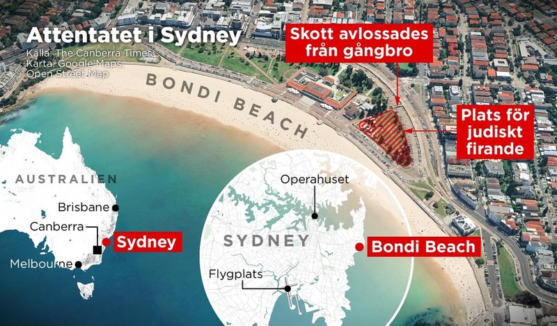 Två män, far och son, öppnade eld mot en judisk festival intill den populära turiststranden Bondi Beach i Sydney, Australien.