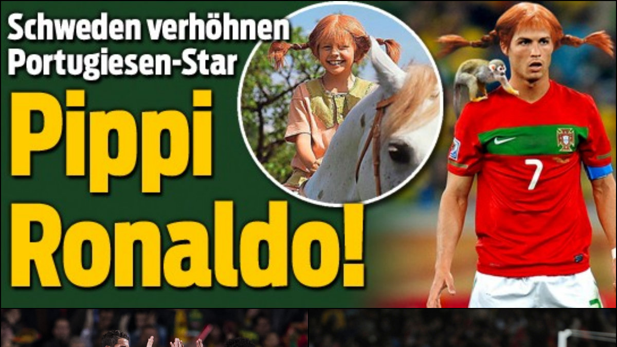 Cristiano Ronaldo framställs som Pippi Långstrump i en schweizisk tidning under tisdagen.
