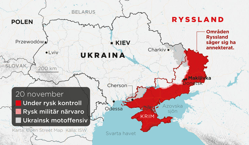 Områden under rysk kontroll, områden med rysk militär närvaro, ukrainska motoffensiver samt annekterade områden, 20 november.
