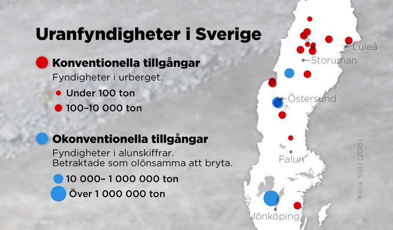 Områden med uranfyndigheter i urberget och i alunskiffrar.