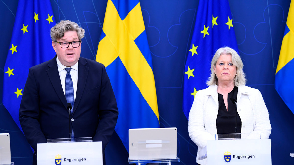 Justitieminister Gunnar Strömmer (M) och socialtjänstminister Camilla Waltersson Grönvall (M) under en pressträff om en ny nationell brottsförebyggande strategi.