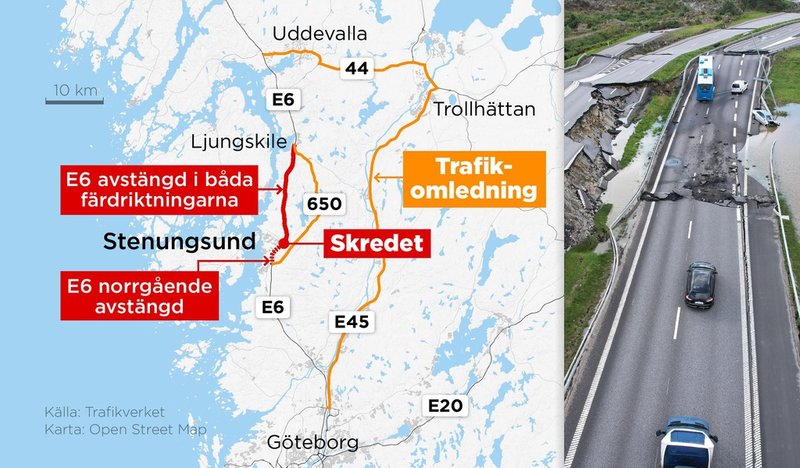 Kartan visar omledning av trafik på E6 efter avstängningen av Europavägen mellan Stenungsund och Ljungskile.