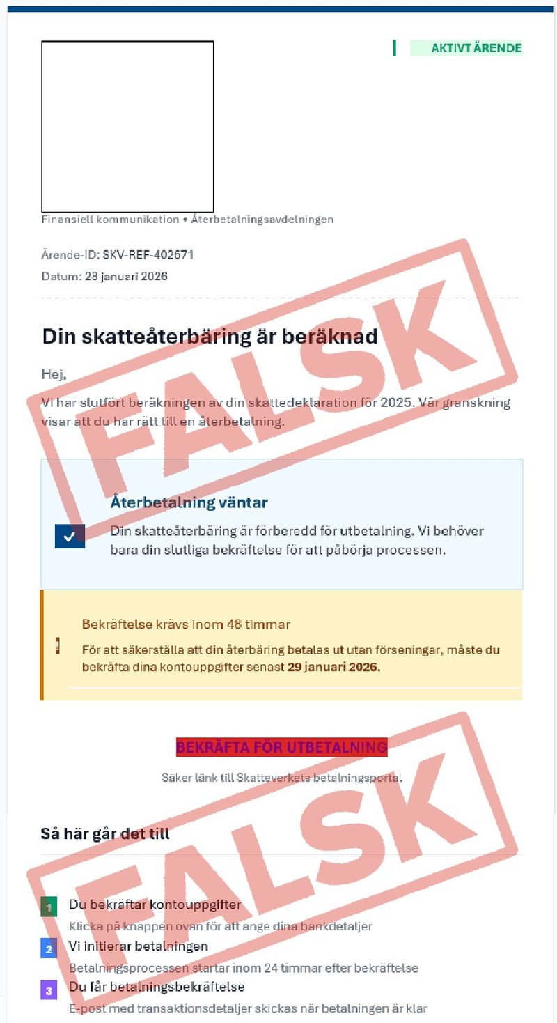 Exempel på bluffmejl från "Skatteverket". Foto: Skatteverket