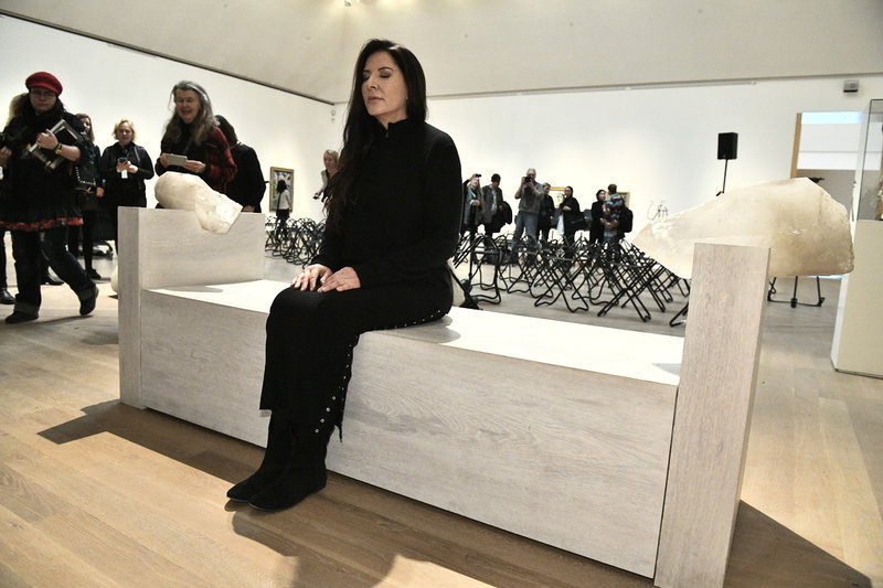 Performanceartisten Marina Abramovic vid pressvisningen av hennes retrospektiva utställning 'The cleaner' på Moderna Museet 2017.