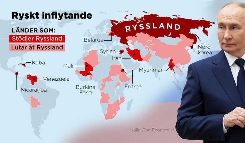 Kartan visar länder som stödjer Ryssland samt länder som samarbetar med Ryssland.