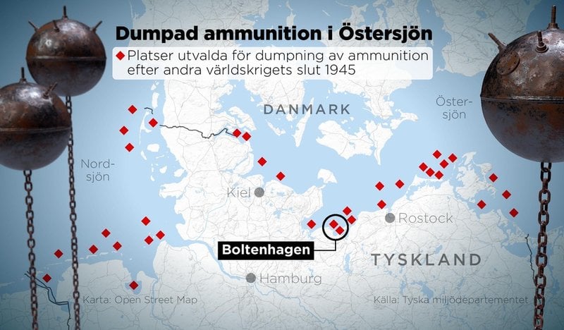 Platser utvalda för dumpning av ammunition efter andra världskrigets slut 1945.