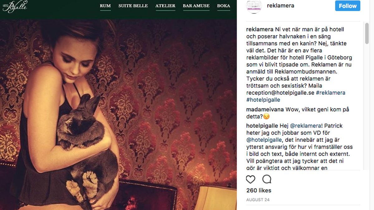 Instagramkontot Reklamera har laddat upp en bild föreställande en kvinna som håller i en kanin, på Instagram.