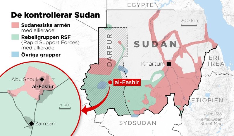 Kartan visar vilka delar av Sudan som är under den sudanesiska arméns kontroll och vilka delar som kontolleras av rebellgruppen RSF.